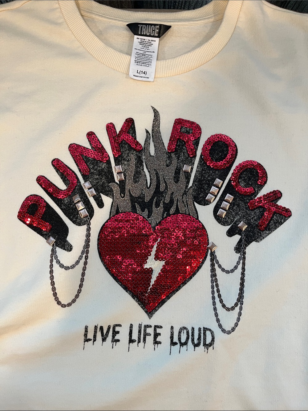 Truce Cream 'Punk Rock' Short Sleeve Graphic Tee with Pink Heart Sequin